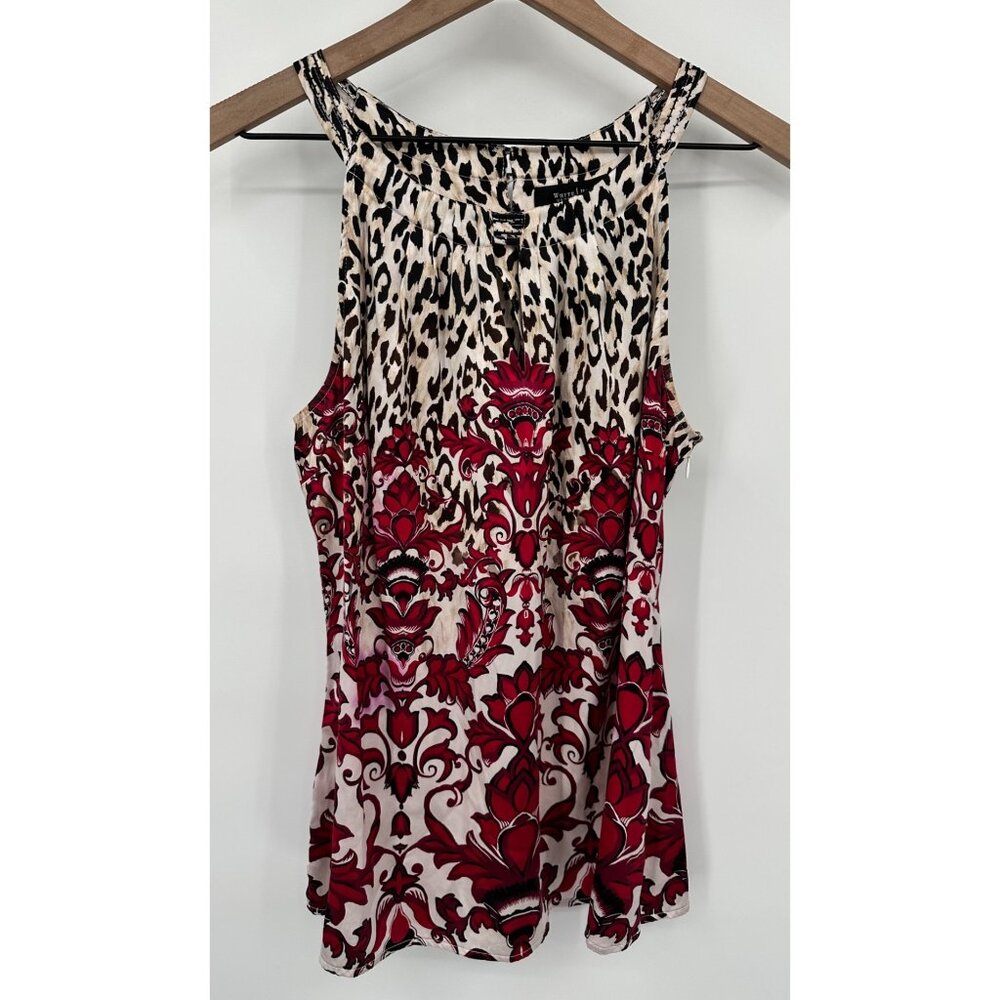 White House Black Market Silk Blouse Women 8 Halter Leopard Damask Ivory Pink